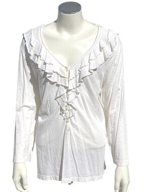Chicos Size 3 Long Sleeve Ruffled Henley Beige Blouse Lightweight Comfort Chic